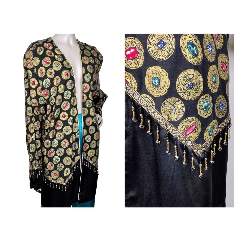 Vintage 80s Open Front Metallic Gold Jewel Coin Print Beaded Long Duster Jacket